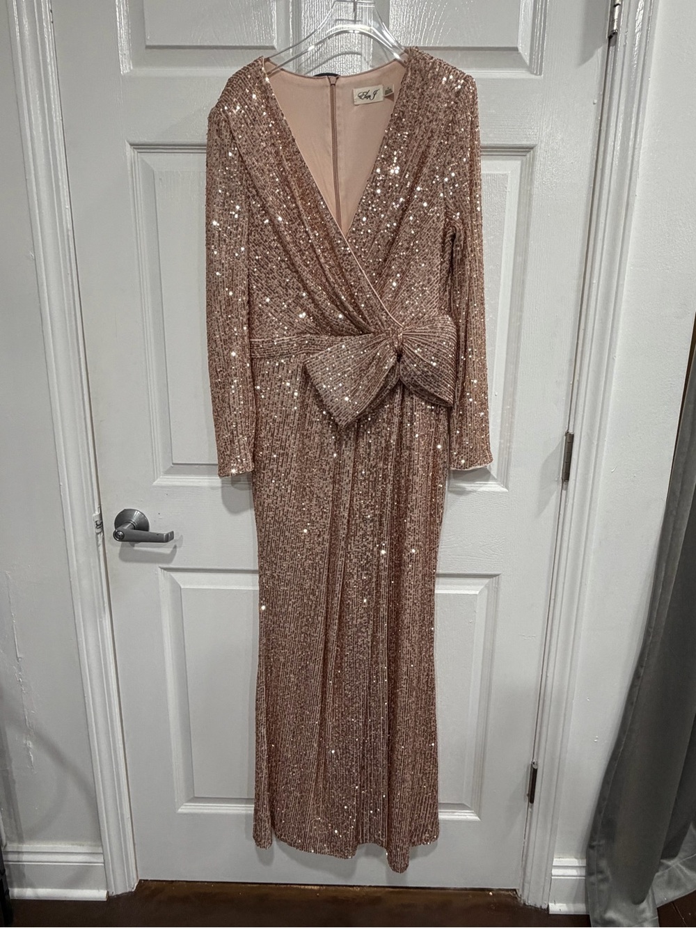 Eliza J Rose Gold Sequin Wrap Maxi Dress with Bow